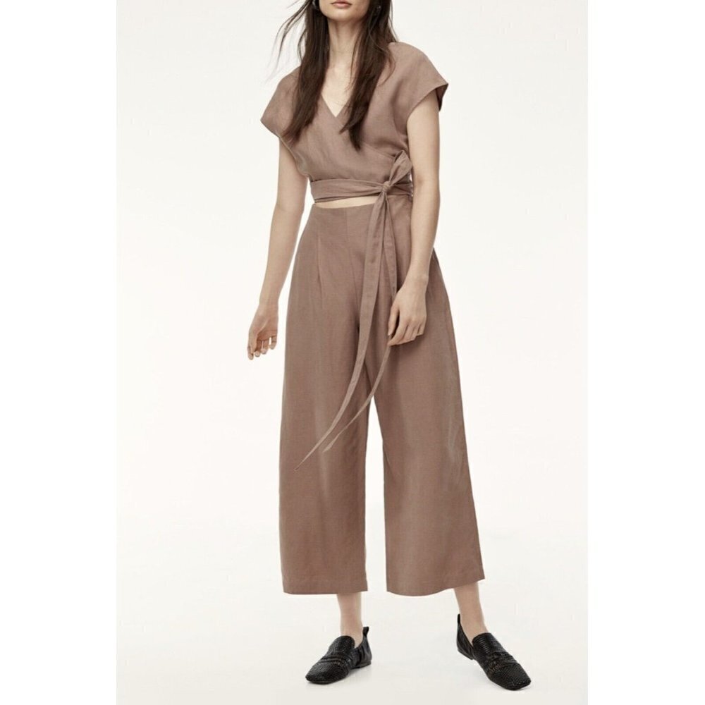 ARITZIA Wilfred Brax Nutmeg Linen Blend Jumpsuit Open Front Wrap Size 00